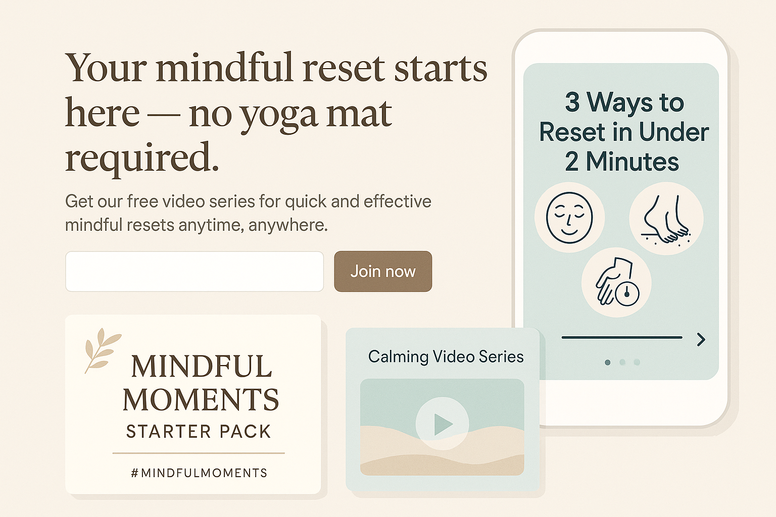 Create a visually engaging image that showcases practical strategies for utilizing MindfulMoments effectively Illustrate the concept of turning trends into content by featuring an eyecatching reel or carousel titled 3 Ways to Reset in Under 2 Minutes-1