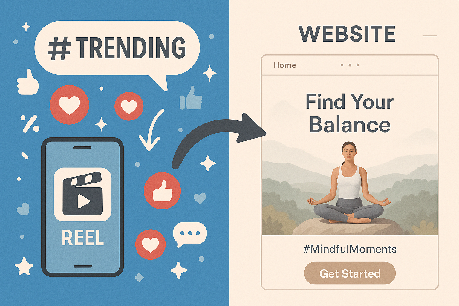 The image should vividly capture the essence of the text by contrasting the dynamic world of social media with the tranquility and effectiveness of a welldesigned website Picture a splitscreen on one side vibrant social media elements like trending h-2